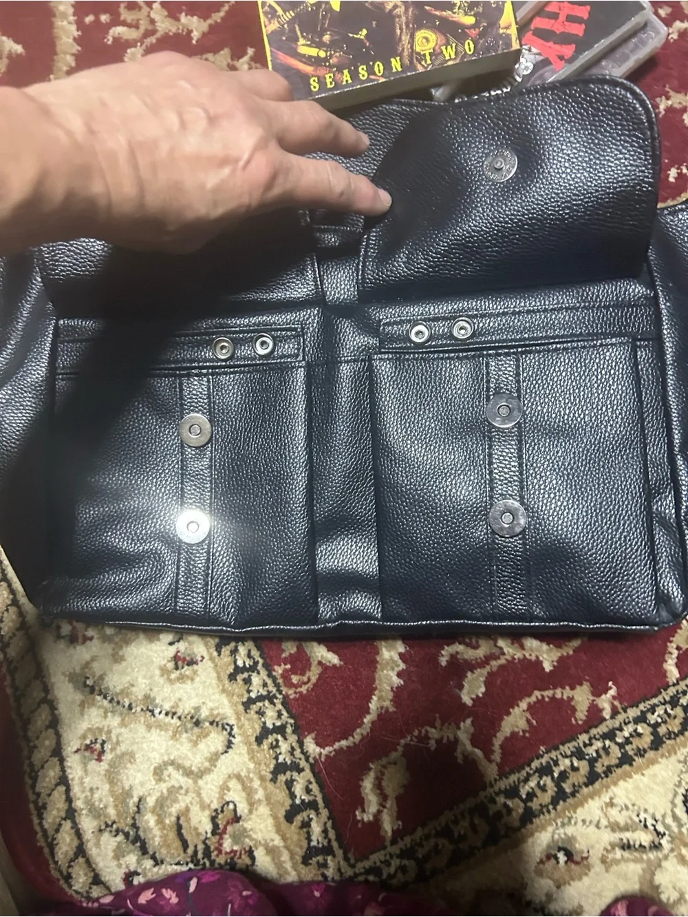 Black Unisex Leather Studded Satchel Bag with Skull Emblem